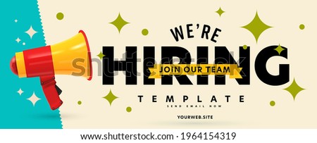 Hiring announcement and internet marketing loudspeaker promo. Job sicker notification and alert about vacancy. Header banner template with headhunting campaign advert vector illustration