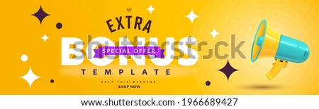 Extra bonus offer during super sale campaign announcement. Header banner template design with promotion text and megaphone. Special shop now proposition only on weekend vector illustration