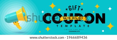 Gift coupon template with up to 50 percent off limited time. Voucher layout with special sale offer for customer. Realistic megaphone loudspeaker and promotion text design vector illustration