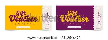 Gift voucher ticket card with different monetary value. Discount coupon template with money reward. Financial present certificate mockup with tear-off design and place for brad name Imagine de stoc © 