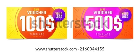 Gift voucher template set 100 and 500 dollar. Gift certificate or coupon layout with monetary reward for shopping. Discount coupon with place for logo vector illustration isolated on white background