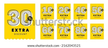 Extra discount sticker label set. Discount label with 30, 10, 20, 40, 50, 60, 70, 80, 90 percent off. Price reduction with different discount amount. Sale label vector illustration