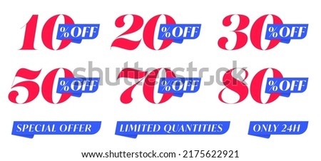 Product sale sticker or promo banner design element set. 10, 20, 30, 50, 70, 80 percent off icon and special offer, limited quantities, only 24h text lettering tag isolated vector illustration