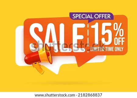 Sale with 15 percent off discount sticker. Special offer limited time only promotion. Retail discount announcement. Bright design element template vector illustration with speech bubble and megaphone