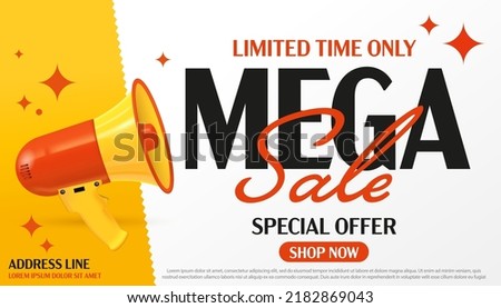 Mega sale announcement. Limited time special offer advertisement. Sale label or banner with megaphone loudspeaker design vector illustration. Mega sale marketing promotion