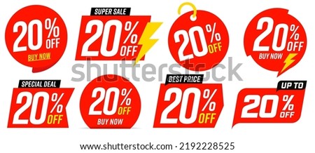 20 percent off best sale red tag template. Best price, super sale, special deal promotion. Different design for 20 percent off clearance red sale tag vector illustration isolated on white background
