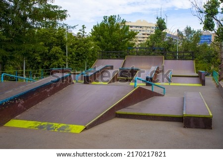 Image, Stock Photo Skateboard arena in the evening sun, cordoned off with red and white flutterband | Corona Thoughts