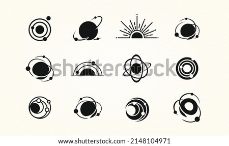 Set of Space icons, Logos. Galaxy signs with Orbitz planets in round icon and radial rays of sunburst for logo IT, ecology, concept design from space exploration, astrology. Vector illustration