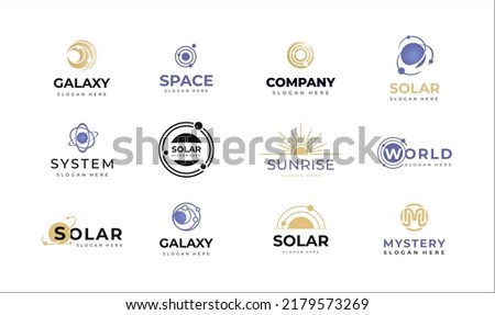 Set of Space and solar emblems, icons, Logos Galaxy signs with Orbitz planets and radial rays of sunburst for logo IT, ecology, concept design from space exploration, astrology. Vector illustration