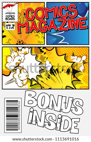 Editable comic book cover with abstract explosion background.