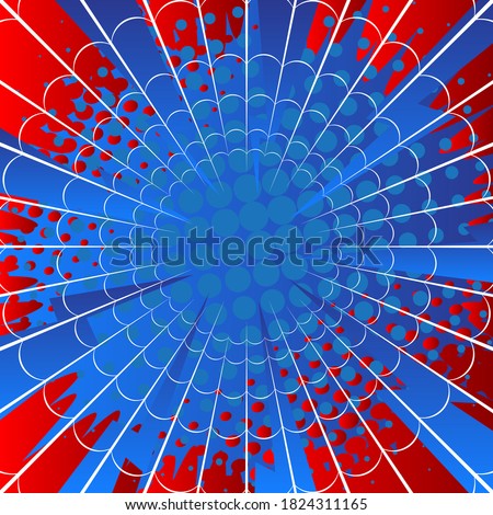 Red and blue spider web cartoon background. Colored comic book illustration, vector comics backdrop.