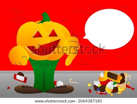 Decorative pumpkin for Halloween showing dislike hand sign as a cartoon character with face. Vector Illustration.