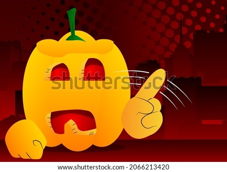 Decorative pumpkin for Halloween saying no with his finger as a cartoon character with face. Vector Illustration.