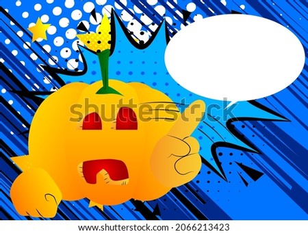 Decorative pumpkin for Halloween saying no with his finger as a cartoon character with face. Vector Illustration.