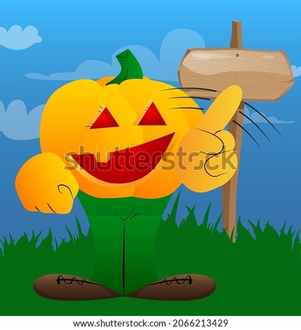 Decorative pumpkin for Halloween saying no with his finger as a cartoon character with face. Vector Illustration.