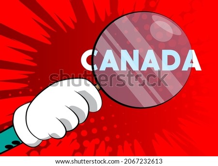 Canada text under magnifying glass illustration on red background.