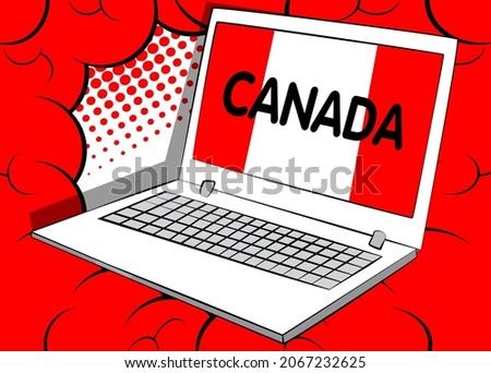 Laptop with the word Canada on the screen. Vector cartoon illustration.