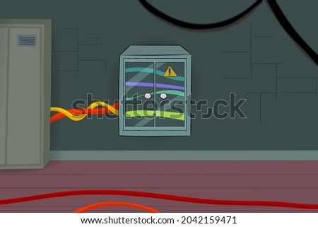 Vector illustration of a electrical Room From Among Us, Room Inside wires, switches and Panels, 1 Point Perspective Background Vector illustration, 2D room For Animation Front View