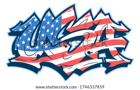 USA lettering in readable graffiti style filled with national flag. Vector banner isolated on white background.