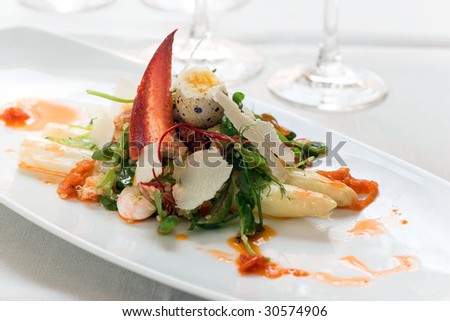 Similar – Image, Stock Photo Asparagus Salad with quails eggs and cheese crisps