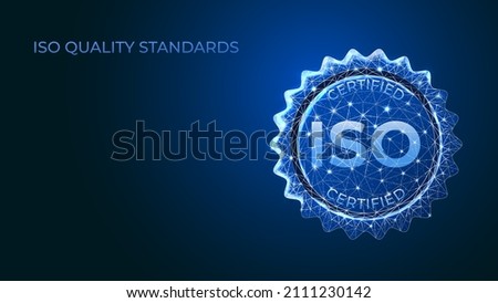 ISO certification. Guaranteed quality control standards. Business technology. Vector illustration in low poly style.