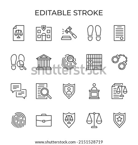 Law evidence. Fingerprints and footprints. Judicial protection of human rights. The penal system. Vector illustration. Set of line icons editable stroke.