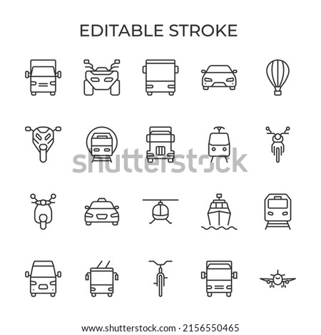 Transport front view line icons. Cars, aircraft and motorcycles are also other types. Used for carsharing, rental and travel. Isolated vector illustration on a white background. Editable stroke.