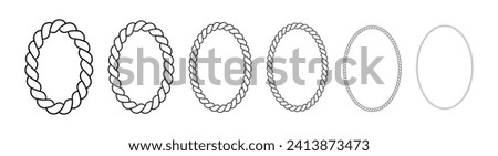 Oval frames made of rope. Ellipse borders made of braided cord. Vector set of thin and thick elements isolated on a white background.