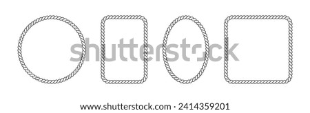 Braided rope frames. Collection of borders in the shape of square, circle and oval. Vector pack of thin and thick elements isolated on a white background.