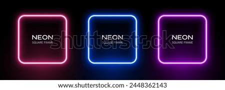 Neon square frame. Light box border. Led glow on a black background. Electric gradient banner template. Set of vector laser fluorescent elements.