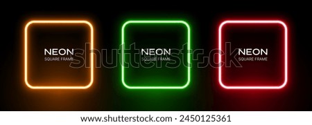 Neon light square frame. Glow box border. Green, red and orange led laser on a black background. Fluorescent vector banners.