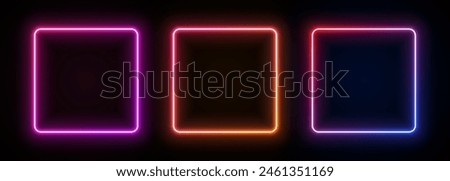 Neon square frame. Led gradient box light. Laser glow geometric border. Bright electric portal. Fluorescent template for banner with text.