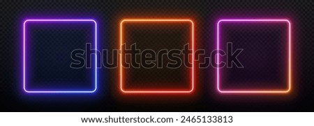 Neon light square frame. Box with led glow. Laser gradient border. Geometric fluorescent outline. Banner template with text.