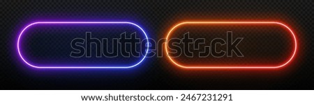 Neon rectangle light frame. Led button with glow. Laser template for text. Gradient banner with rounded corners. Fluorescent elements for the design of advertising, clubs and games.