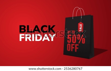 Black Friday Banner With Black Shopping Bag on Red Background