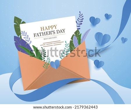 Happy Father’s Day design with blue envelope filled with various flowers with text Happy Fathers Day. Flat lay. Love concept.