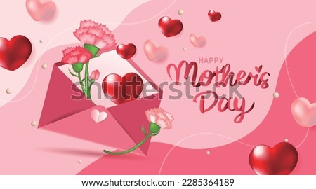 Happy Mothers Day, envelope filled with hearts and carnation flowers. Vector illustration.
