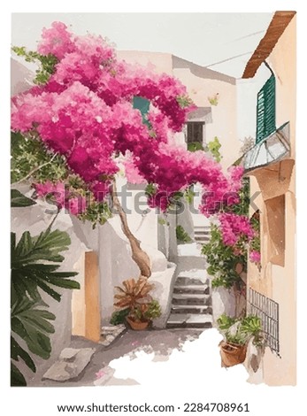 Watercolor Santorini Island landscape. Greece summer island landscape. Santorini hand drawn square vector background. Picturesque sketch. Ideal for card, invitation, banners, posters.