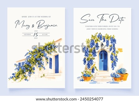 Wedding invitation with hand drawn watercolor spring blue flowers background