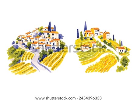 Romantic rural landscape in sunny day in Italy with vineyards, farms, meadows, fields and trees in the background. Watercolor