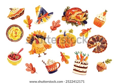 Cartoon thanksgiving day watercolor elements. Happy family autumn holiday, traditional food, harvest festival, pumpkins, turkey and pie, pilgrim hat and harvest, tidy vector isolated set