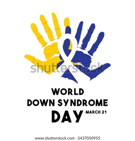 World Down Syndrome Day. March 21. Yellow and blue palm sign. White background. Eps 10.