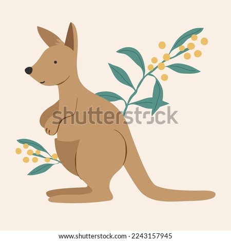 Australian Kangaroo Wallaby with Wattle Mimosa Flowers and Leaves Isolated