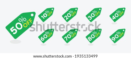 Sale tags set vector badges template, 10% off, 20%off, 90%off, 80%off, 30%off, 40%off, 50%off, 60%off, 70%off percent sale label symbols, discount promotion flat icon, sale sticker emblem green