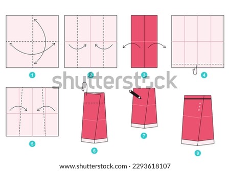 Skirt origami scheme tutorial moving model. Origami for kids. Step by step how to make a cute origami cloth for women. Vector illustration.