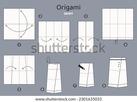 Skirt origami scheme tutorial moving model on grey backdrop. Origami for kids. Step by step how to make a cute origami cloth for women. Vector illustration.