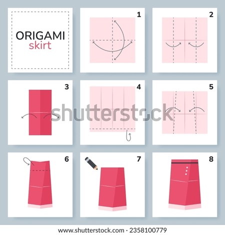 Skirt origami scheme tutorial moving model. Origami for kids. Step by step how to make a cute origami cloth for women. Vector illustration.