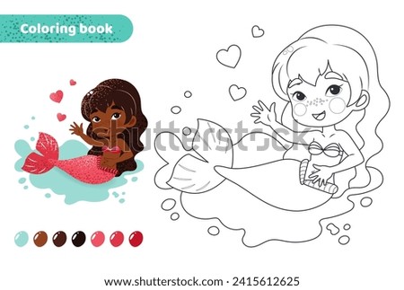 Coloring book for kids. Worksheet for drawing with cartoon mermaid. Cute magical creature with hearts. Coloring page with color palette for children. Vector illustration. 