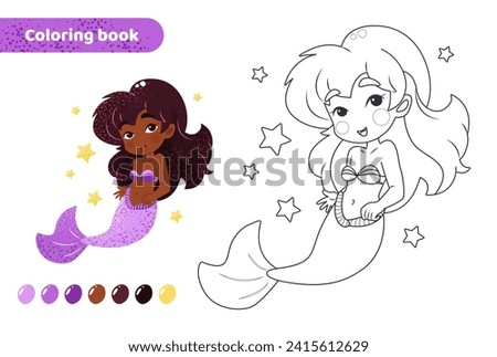 Coloring book for kids. Worksheet for drawing with cartoon mermaid. Cute magical creature with stars. Coloring page with color palette for children. Vector illustration. 