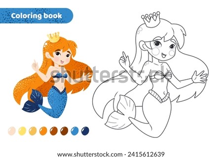 Coloring book for kids. Worksheet for drawing with cartoon mermaid. Cute magical creature with crown. Coloring page with color palette for children. Vector illustration. 